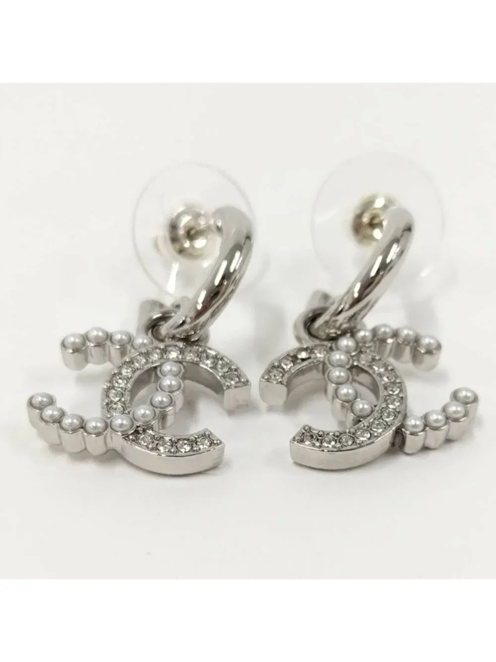 Chanel Earrings Stud Rhinestone Faux Pearl Plated Silver